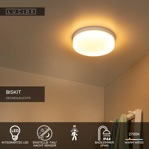 Lucide BISKIT - Deckenleuchte Badezimmer - Ø 28 cm - LED - 1x18W 2700K - IP44 - Bewegungssensor - Weiß - USP
